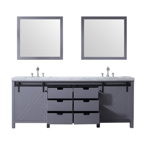 Lexora LM342284DBBSM34F Marsyas 84" Dark Grey Double Vanity, White Carrara Marble Top, White Square Sinks and 34" Mirrors w/ Faucets