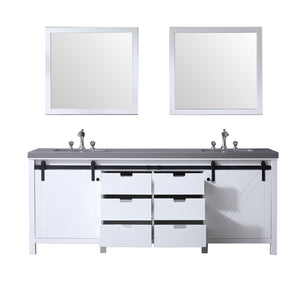Lexora LM342284DAASM34F Marsyas 84" White Double Vanity, Grey Quartz Top, White Square Sinks and 34" Mirrors w/ Faucets