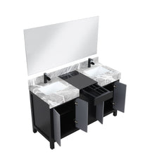 Load image into Gallery viewer, Lexora LZ342255SLISM53FCM Zilara 55&quot; Black and Grey Double Vanity, Castle Grey Marble Tops, White Square Sinks, Cascata Nera Matte Black Faucet Set, and 53&quot; Frameless Mirror