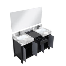 Load image into Gallery viewer, Lexora LZ342255SLISM53FBG Zilara 55&quot; Black and Grey Double Vanity, Castle Grey Marble Tops, White Square Sinks, Balzani Gun Metal Faucet Sets, and 53&quot; Frameless Mirror