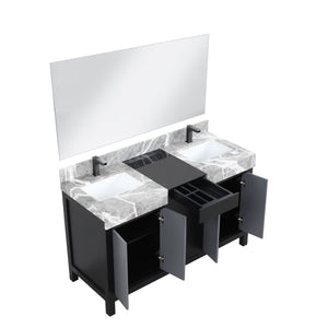 Lexora LZ342255SLISM53FBG Zilara 55" Black and Grey Double Vanity, Castle Grey Marble Tops, White Square Sinks, Balzani Gun Metal Faucet Sets, and 53" Frameless Mirror