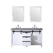Load image into Gallery viewer, Lexora LM342260DAASM24F Marsyas 60&quot; White Double Vanity, Grey Quartz Top, White Square Sinks and 24&quot; Mirrors w/ Faucets
