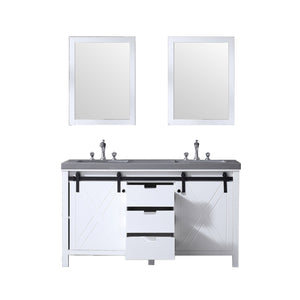 Lexora LM342260DAASM24F Marsyas 60" White Double Vanity, Grey Quartz Top, White Square Sinks and 24" Mirrors w/ Faucets