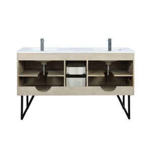 Lexora LLC60DKSOS000FCH Lancy 60" Rustic Acacia Double Bathroom Vanity, White Quartz Top, White Square Sinks, and Monte Chrome Faucet Set