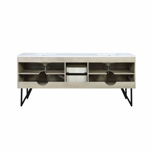 Lexora LLC80DKSOSM70 Lancy 80" Rustic Acacia Double Bathroom Vanity, White Quartz Top, White Square Sinks, and 70" Frameless Mirror