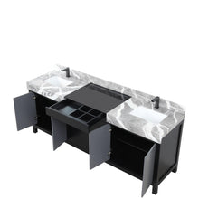 Load image into Gallery viewer, Lexora LZ342284DLISFBG Zilara 84&quot; Black and Grey Double Vanity, Castle Grey Marble Tops, White Square Sinks, and Balzani Gun Metal Faucet Set