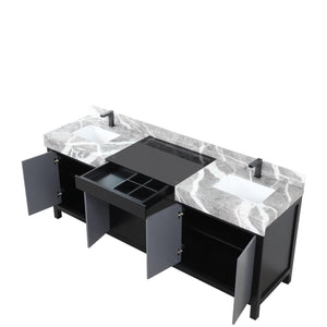 Lexora LZ342284DLISFBG Zilara 84" Black and Grey Double Vanity, Castle Grey Marble Tops, White Square Sinks, and Balzani Gun Metal Faucet Set