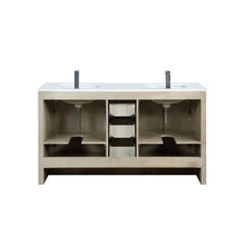 Load image into Gallery viewer, Lexora LLF60DKSODM55FRG Lafarre 60&quot; Rustic Acacia Double Bathroom Vanity, White Quartz Top,White Square Sinks, Labaro Rose Gold Faucet Set, and 55&quot; Frameless Mirror