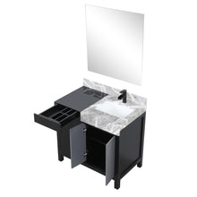 Load image into Gallery viewer, Lexora LZ342236SLISM30FCM Zilara 36&quot; Black and Grey Vanity, Castle Grey Marble Top, White Square Sink, Cascata Nera Matte Black Faucet Set, and 30&quot; Frameless Mirror