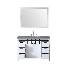 Load image into Gallery viewer, Lexora LM342248SAASM44F Marsyas 48&quot; White Single Vanity, Grey Quartz Top, White Square Sink and 44&quot; Mirror w/ Faucet
