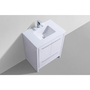 Kubebath AD630GW Dolce 30″ High Gloss White Modern Bathroom Vanity with White Quartz Counter-Top