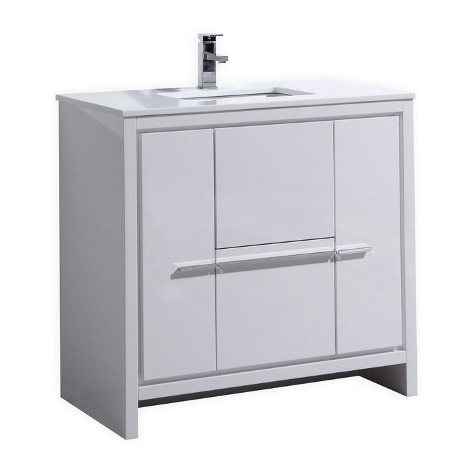 Kubebath AD636GW Dolce 36″ High Gloss White Modern Bathroom Vanity with White Quartz Counter-Top