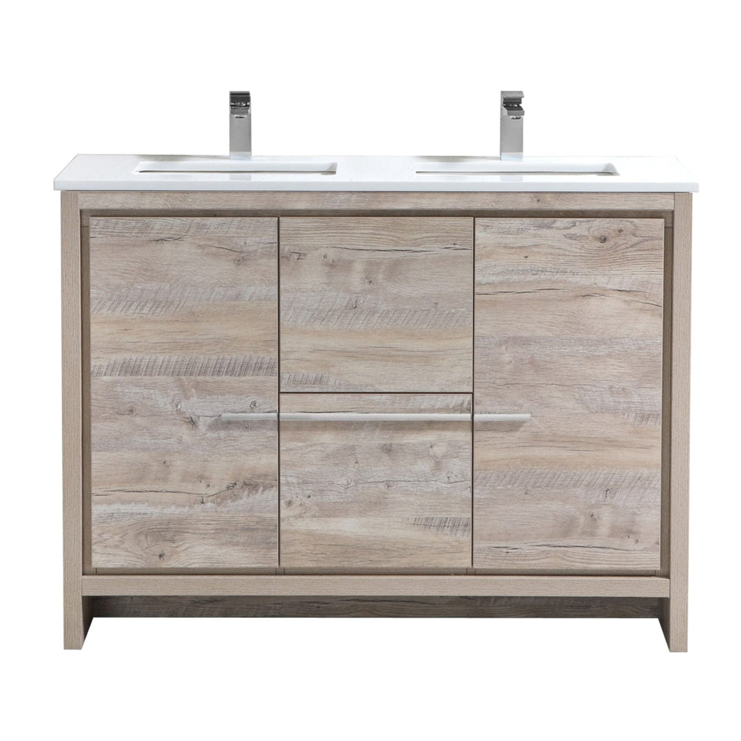 Kubebath AD648DNW Dolce 48″ Double Sink Nature Wood  Modern Bathroom Vanity with White Quartz Counter-Top