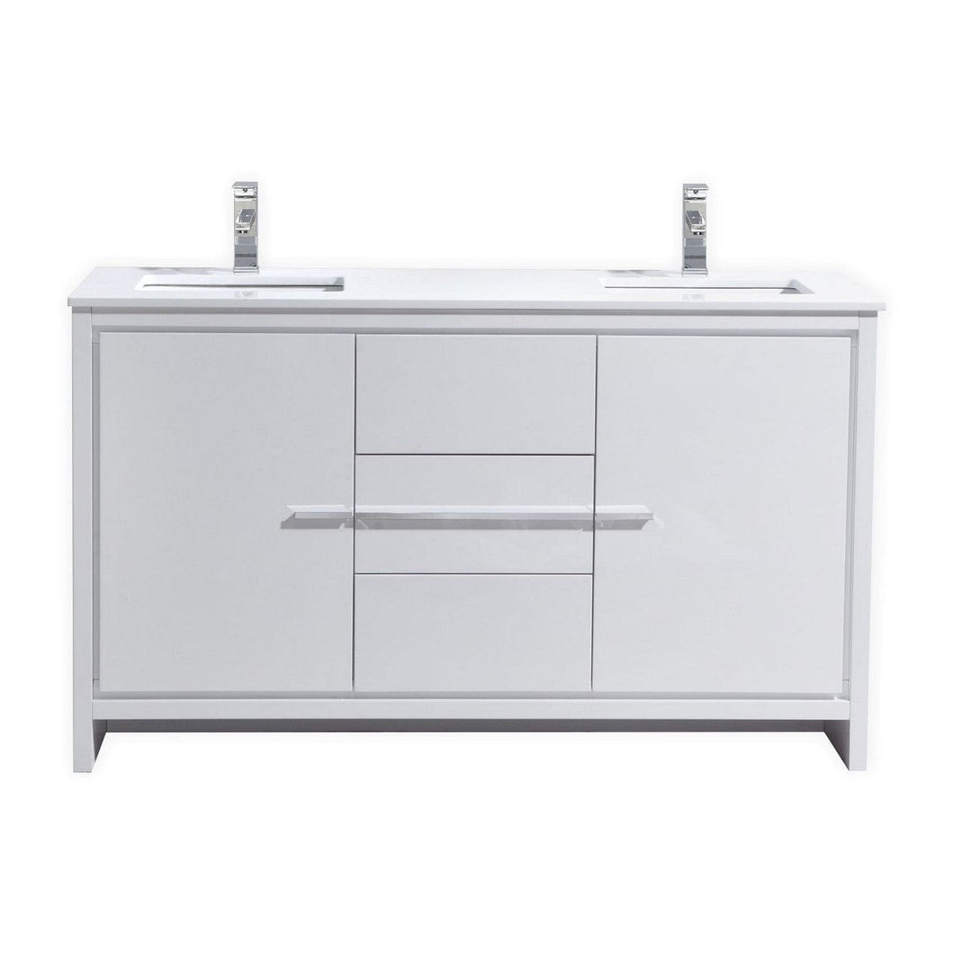 Kubebath AD660DGW Dolce 60″ Double Sink High Gloss White Modern Bathroom Vanity with White Quartz Counter-Top