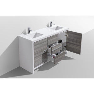 Kubebath AD660DHG Dolce 60″ Double Sink Ash Gray Modern Bathroom Vanity with White Quartz Counter-Top