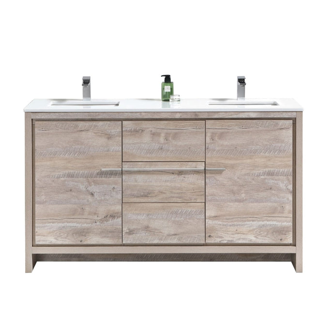 Kubebath AD660DNW Dolce 60″ Double Sink Nature Wood Modern Bathroom Vanity with White Quartz Counter-Top
