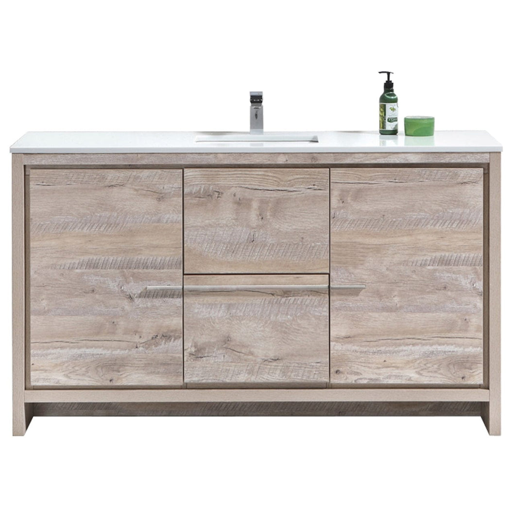 Kubebath AD660SNW Dolce 60″ Nature Wood Modern Bathroom Vanity with White Quartz Counter-Top