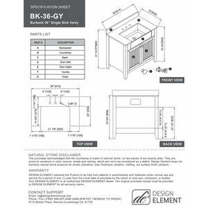 Design Element BK-36-GY Burbank 36" Single Vanity in Gray