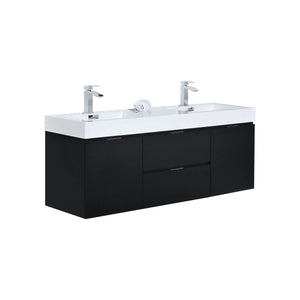Kubebath BSL60D-BK Bliss 60" Double  Sink Black Wall Mount Modern Bathroom Vanity