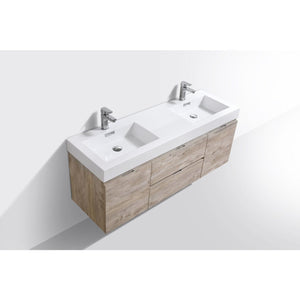 Kubebath BSL60D-NW Bliss 60" Double  Sink Nature Wood Wall Mount Modern Bathroom Vanity