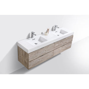 Kubebath BSL72D-NW Bliss 72" Double Sink Nature Wood Wall Mount Modern Bathroom Vanity
