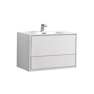Kubebath DL36-GW DeLusso 36" High Glossy White Wall Mount Modern Bathroom Vanity