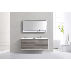Kubebath DL60D-HGASH DeLusso 60" Double Sink  Ash Gray Wall Mount Modern Bathroom Vanity