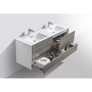 Kubebath DL60D-HGASH DeLusso 60" Double Sink  Ash Gray Wall Mount Modern Bathroom Vanity