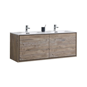 Kubebath DL60D-NW DeLusso 60" Double Sink Nature Wood Wall Mount Modern Bathroom Vanity