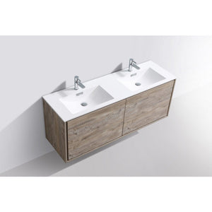 Kubebath DL60D-NW DeLusso 60" Double Sink Nature Wood Wall Mount Modern Bathroom Vanity