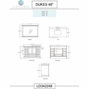Lexora LD342248SADSM46F Dukes 48" White Single Vanity, White Carrara Marble Top, White Square Sink and 46" Mirror w/ Faucet