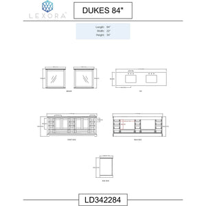 Lexora LD342284DBDSM34F Dukes 84" Dark Grey Double Vanity, White Carrara Marble Top, White Square Sinks and 34" Mirrors w/ Faucets