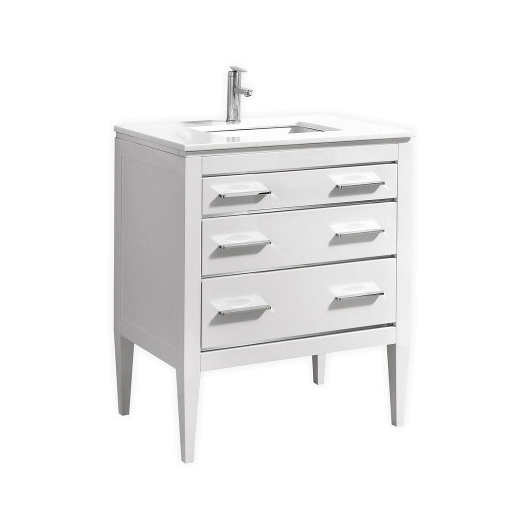 Kubebath E30-GW Eiffel 30'' High Gloss White Vanity W/ Quartz Counter Top