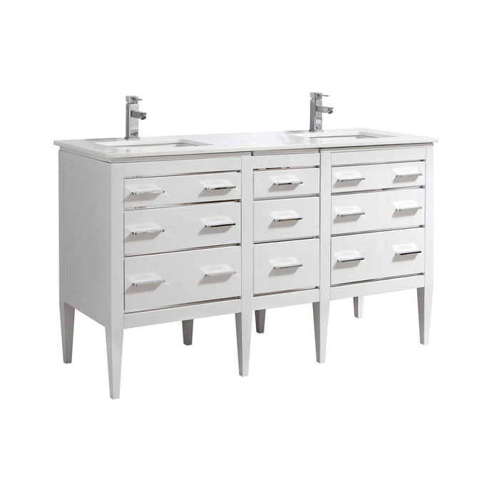 Kubebath E60-GW Eiffel 60'' Double Sink High Gloss White Vanity W/ Quartz Counter Top