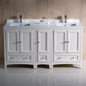 Fresca Oxford 60" Antique White Traditional Double Sink Bathroom Cabinets w/ Top & Sinks FCB20-241224AW-CWH-U