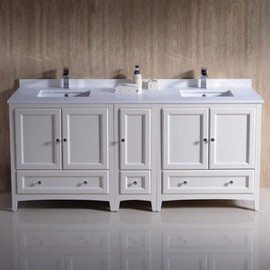 Fresca Oxford 72" Antique White Traditional Double Sink Bathroom Cabinets w/ Top & Sinks FCB20-301230AW-CWH-U