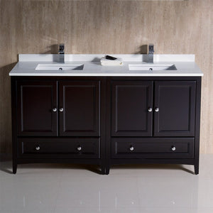 Fresca Oxford 60" Espresso Traditional Double Sink Bathroom Cabinets w/ Top & Sinks FCB20-3030ES-CWH-U
