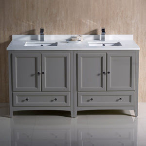Fresca Oxford 60" Gray Traditional Double Sink Bathroom Cabinets w/ Top & Sinks FCB20-3030GR-CWH-U