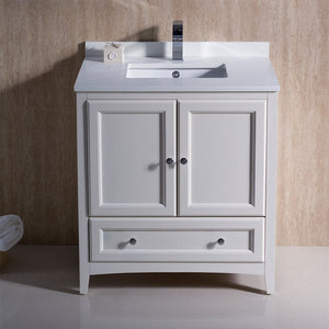 Fresca Oxford 30" Antique White Traditional Bathroom Cabinet w/ Top & Sink FCB2030AW-CWH-U