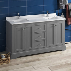 Fresca FCB2460GRV-CWH-U Windsor 60" Gray Textured Traditional Double Sink Bathroom Cabinet w/ Top & Sinks