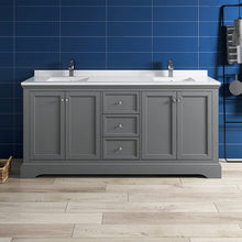 Load image into Gallery viewer, Fresca Windsor 72&quot; Gray Textured Traditional Double Sink Bathroom Cabinet w/ Top &amp; Sinks FCB2472GRV-CWH-U