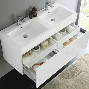 Fresca Mezzo 48" White Wall Hung Double Sink Modern Bathroom Cabinet w/ Integrated Sink FCB8012WH-I