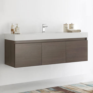 Fresca Mezzo 60" Gray Oak Wall Hung Single Sink Modern Bathroom Cabinet w/ Integrated Sink FCB8041GO-I