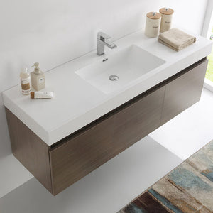 Fresca Mezzo 60" Gray Oak Wall Hung Single Sink Modern Bathroom Cabinet w/ Integrated Sink FCB8041GO-I