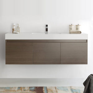 Fresca Mezzo 60" Gray Oak Wall Hung Single Sink Modern Bathroom Cabinet w/ Integrated Sink FCB8041GO-I