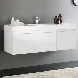 Fresca Mezzo 60" White Wall Hung Single Sink Modern Bathroom Cabinet w/ Integrated Sink FCB8041WH-I