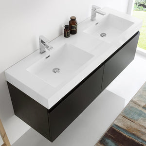 Fresca Mezzo 60" Black Wall Hung Double Sink Modern Bathroom Cabinet w/ Integrated Sink FCB8042BW-I