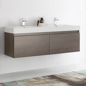 Fresca Mezzo 60" Gray Oak Wall Hung Double Sink Modern Bathroom Cabinet w/ Integrated Sink FCB8042GO-I