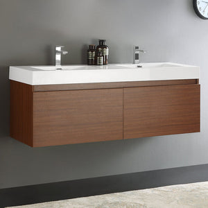 Fresca Mezzo 60" Teak Wall Hung Double Sink Modern Bathroom Cabinet w/ Integrated Sink FCB8042TK-I