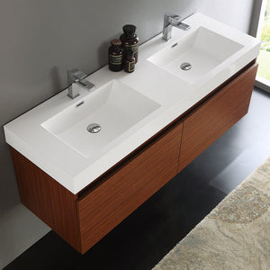 Fresca Mezzo 60" Teak Wall Hung Double Sink Modern Bathroom Cabinet w/ Integrated Sink FCB8042TK-I